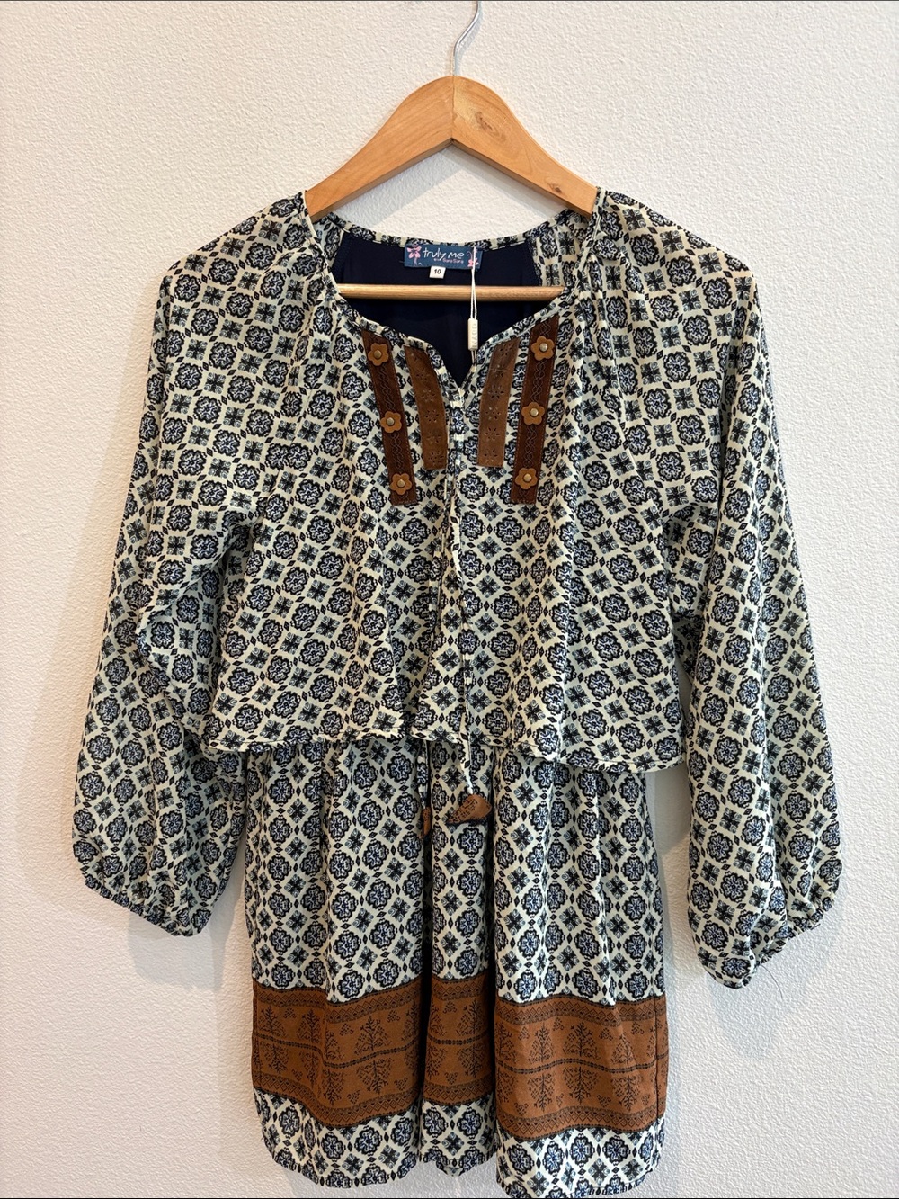 Truly Me GIRL'S Navy and Cream Printed Dress with Brown Suede Trim